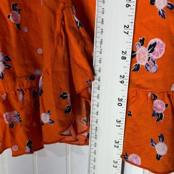 Free People S Orange Floral Mini Dress Ruffle Hem Tie Back Linen Blend Cottage - Picture 7 of 10